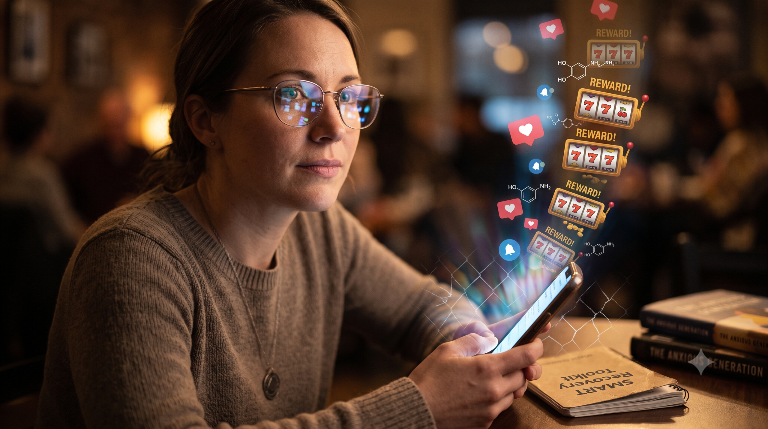 Featured Image A women sits alone in a crowded room with her recovery literature and her phone flashing reward notices
